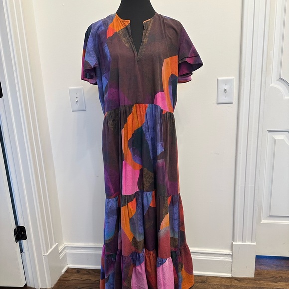 Oliphant Design Maxi V-Neck Dress Watercolor Print Pockets Cotton Tuckernuck - Picture 4 of 9